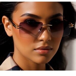 Frameless Square Gradient Sunglasses Gold Trim Women's‎ Fashion Eyewear Luxury